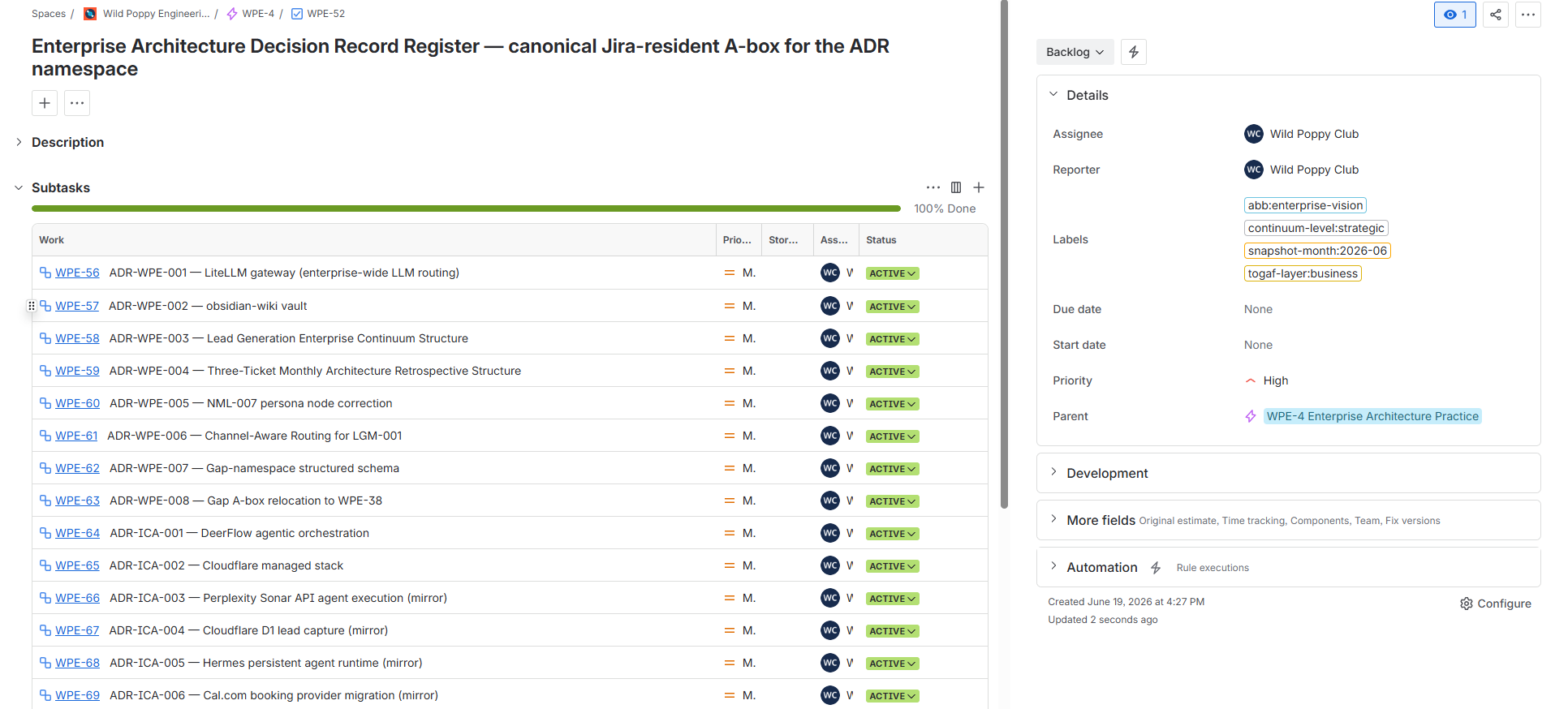 A Jira ticket from the Architecture Decision Record register